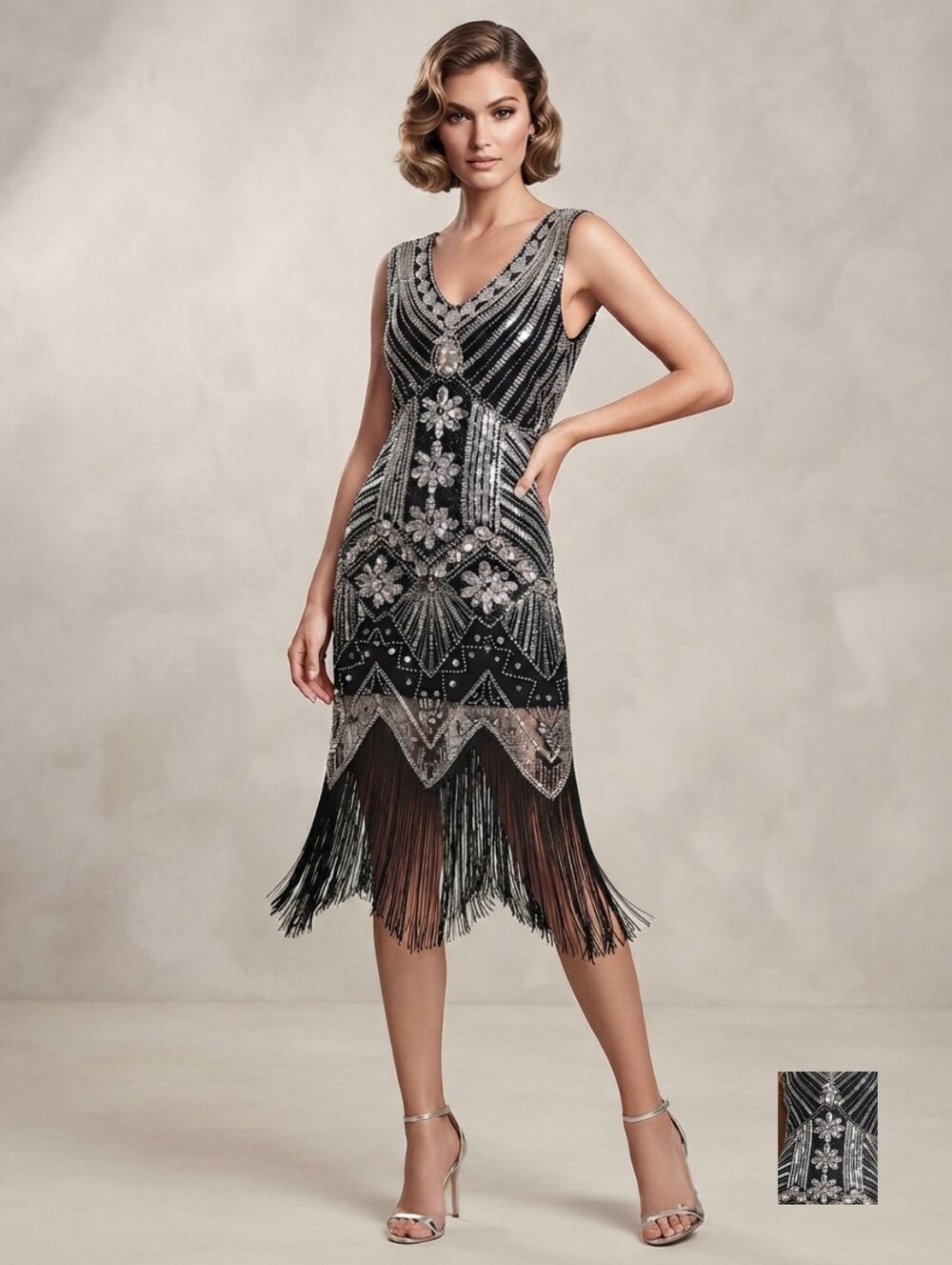Women's Black And Silver Beaded Asymmetrical Fringe Cocktail Dress Medium